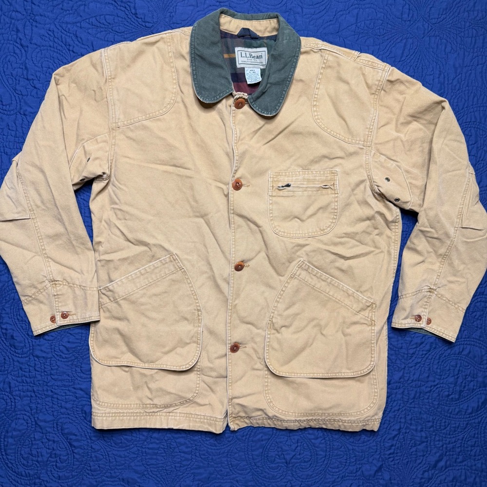 LL Bean Mens XL Original Field Coat Tan Cotton Canvas Flannel Lined Chore Jacket